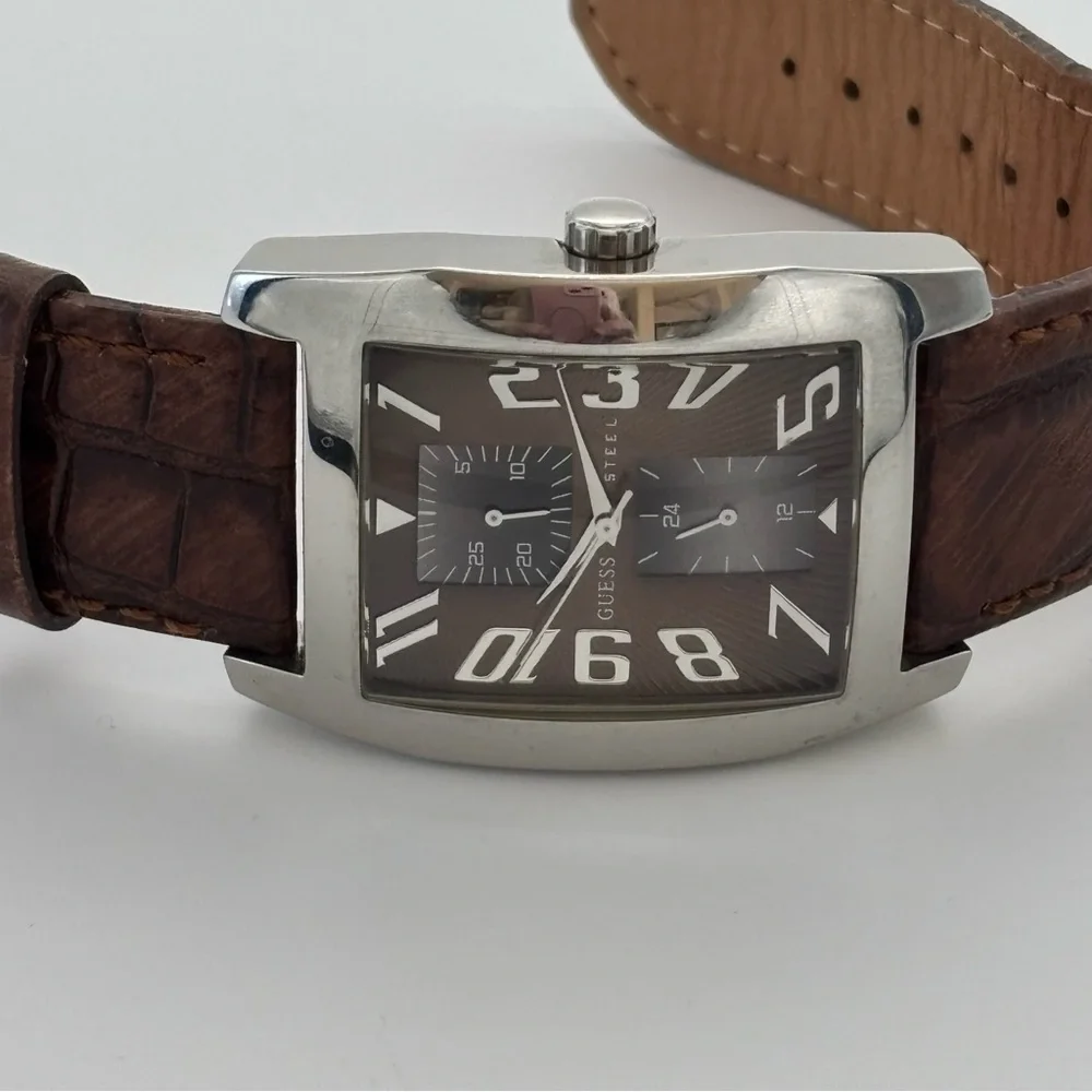 Guess Steel Casing w/Brown Leather Band Analog Watch-New Battery.